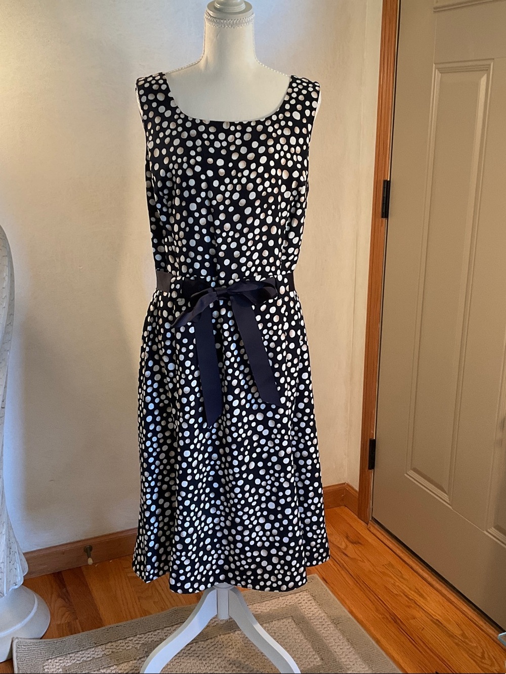 Studio One Navy and Tan/White Polka Dot Midi Dress with Waist Tie
